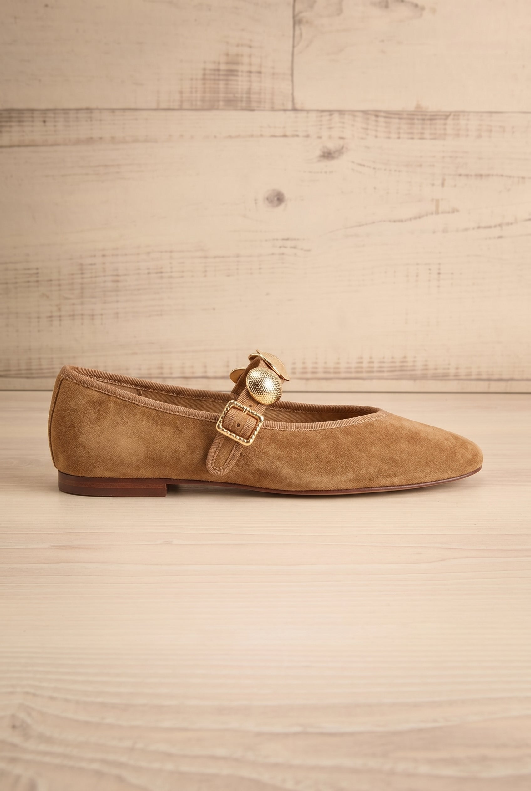 Sideview of Dolce Vita Relan Brown Ornate Charm Genuine Suede Ballet Flats at la petite garçonne