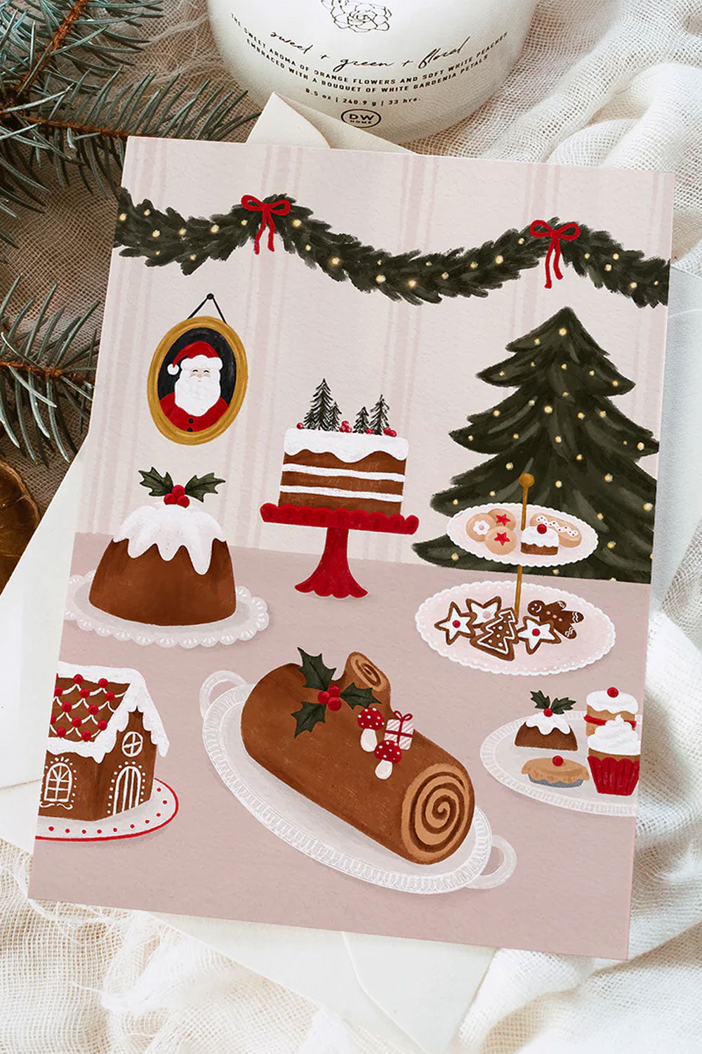 Illustrated Christmas card with festive food and decorations from Marie Lise illustration