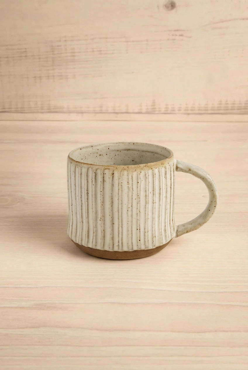Ceramic mug with striped design on a beige wooden surface