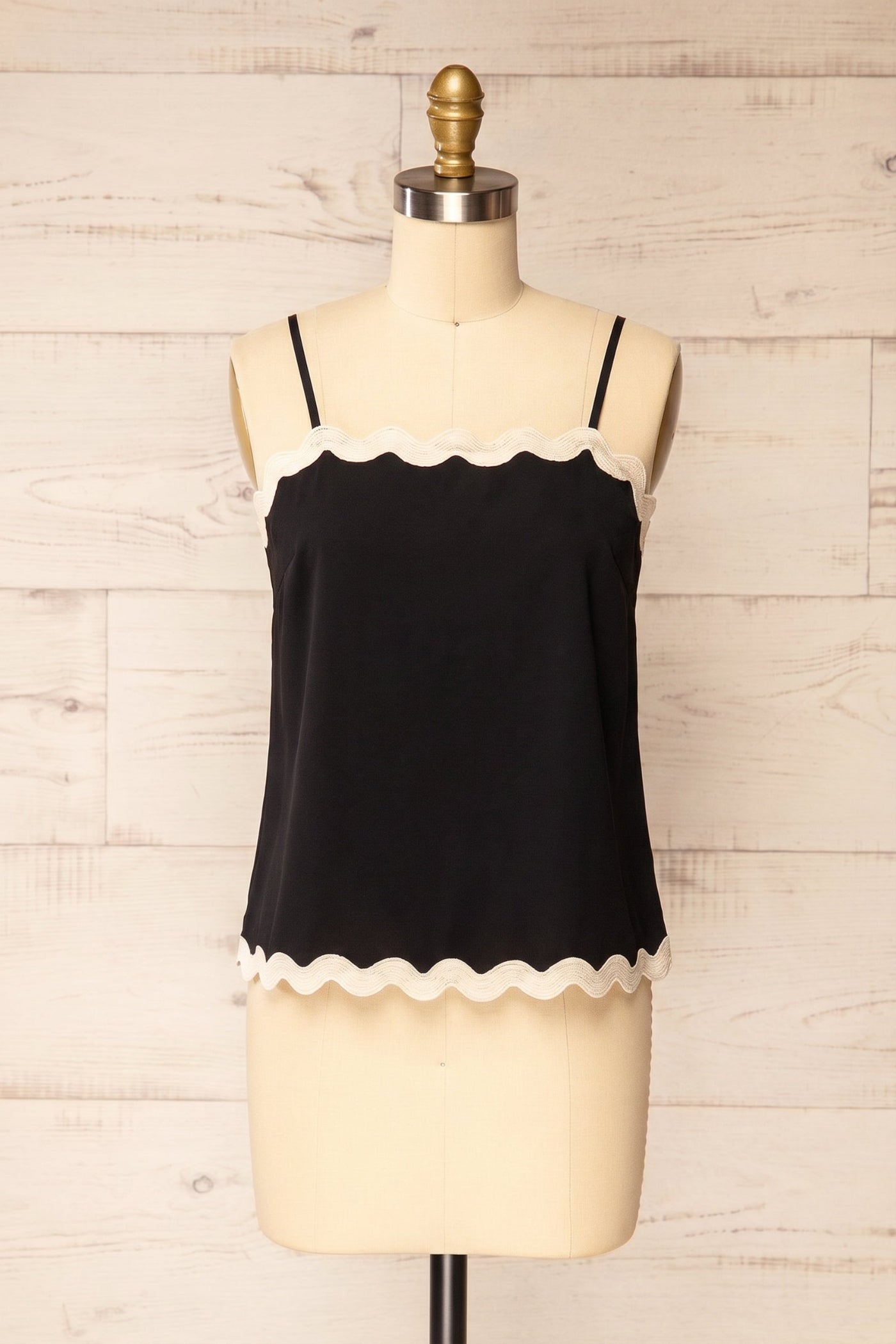 Frontview of Rieti Black Camisole with Scalloped Edges at la petite garçonne