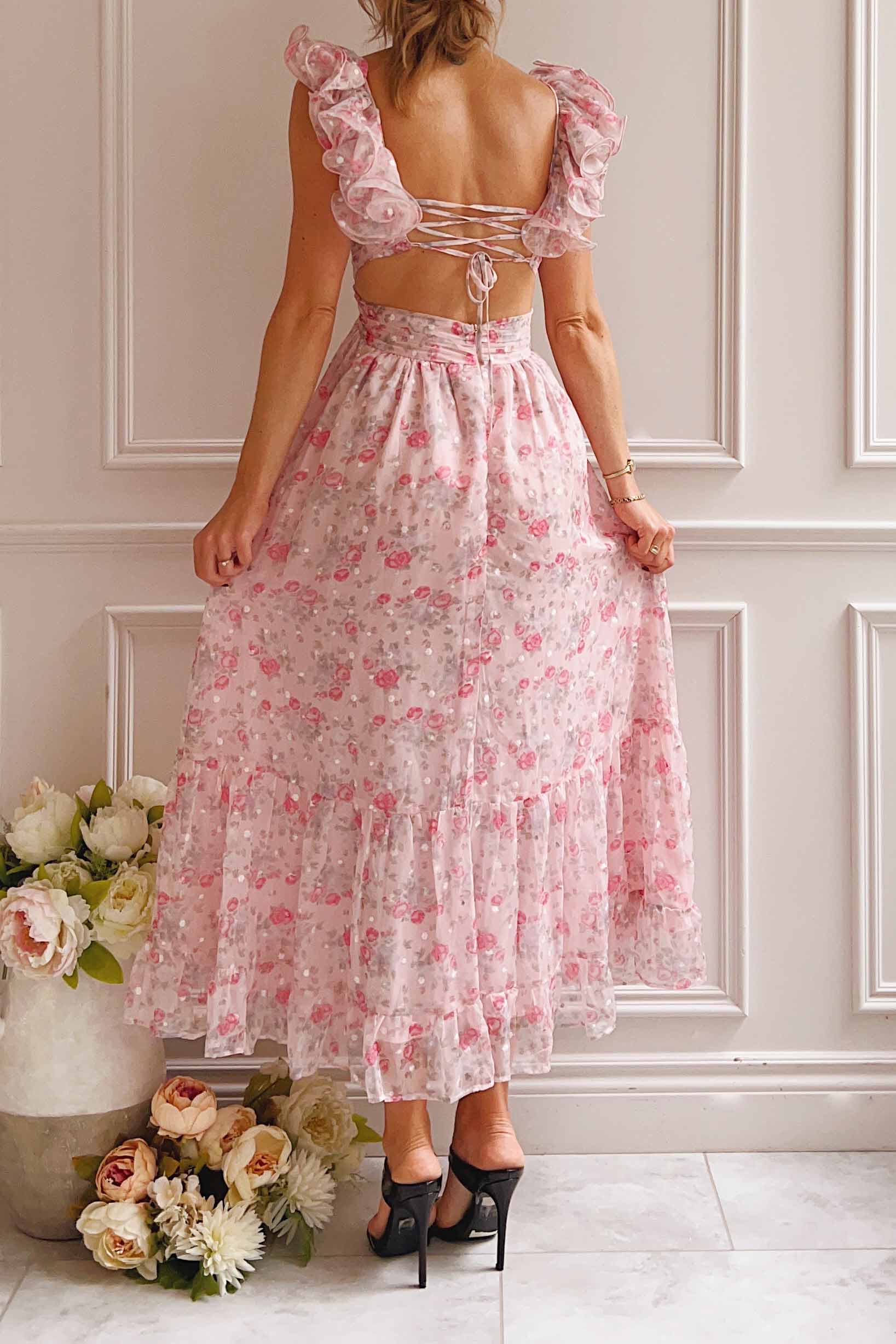 Alvaine | Long Pink Floral Dress w/ Ruffled Straps on model
