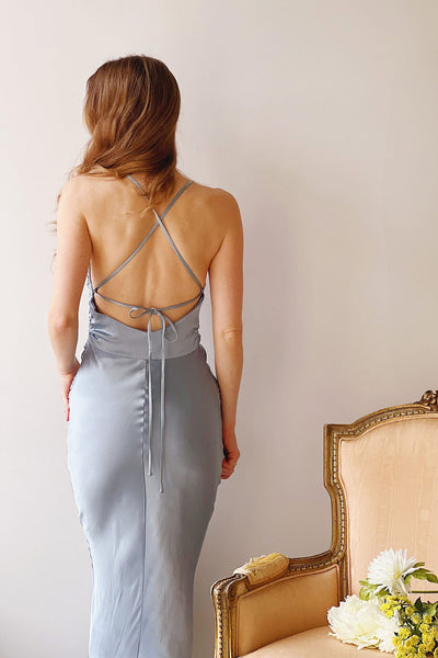 Amana Blue | Maxi Satin Dress w/ Cowl Neck- Boutique 1861 on model back