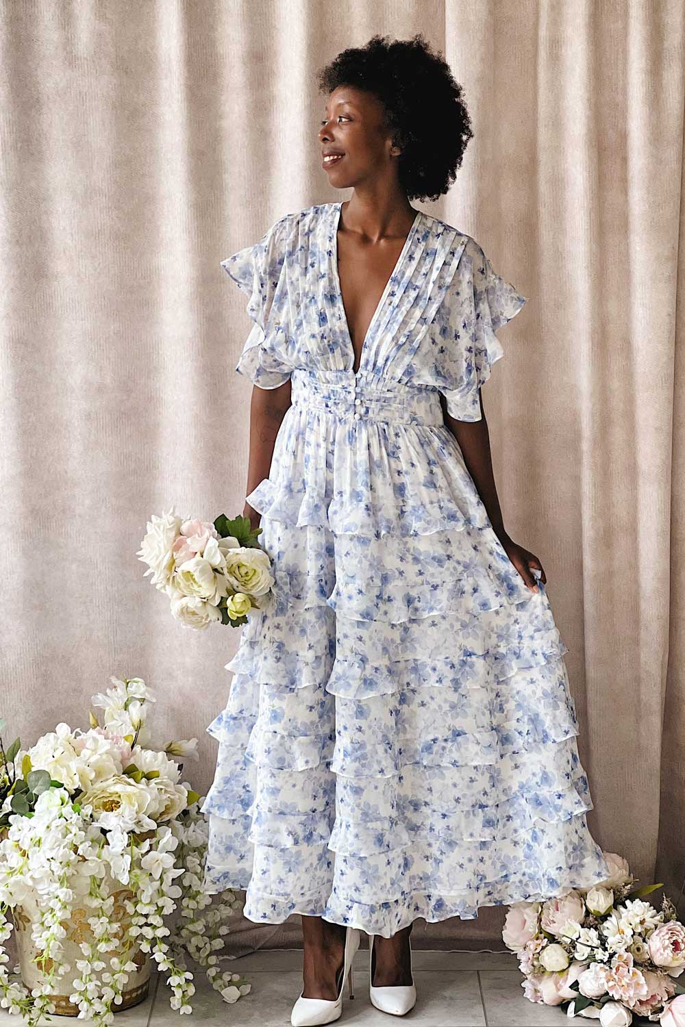 Aveline Blue Floral Maxi Dress w Ruffles Boutique 1861