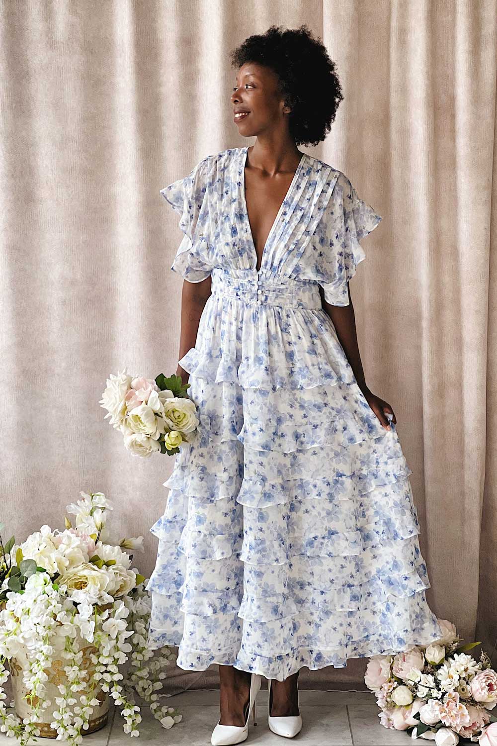 Aveline Blue | Floral Maxi Dress w/ Ruffles