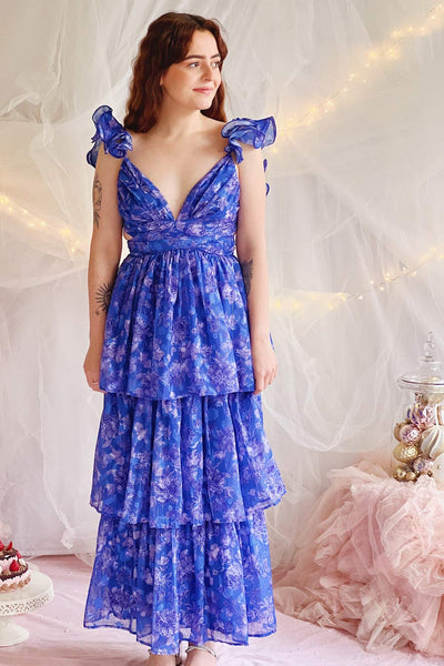 Avaline | Long Blue Floral Dress w/ Ruffled Straps- boutique 1861 on model full length