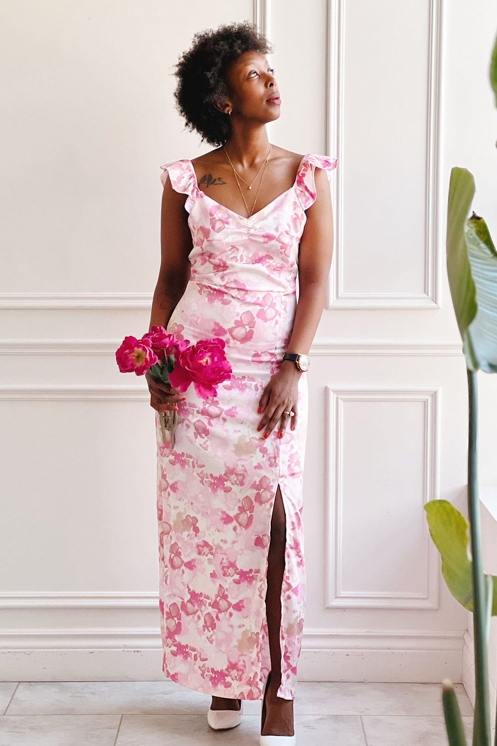 Bessie | Pink Patterned Maxi Dress- boutique 1861 on model