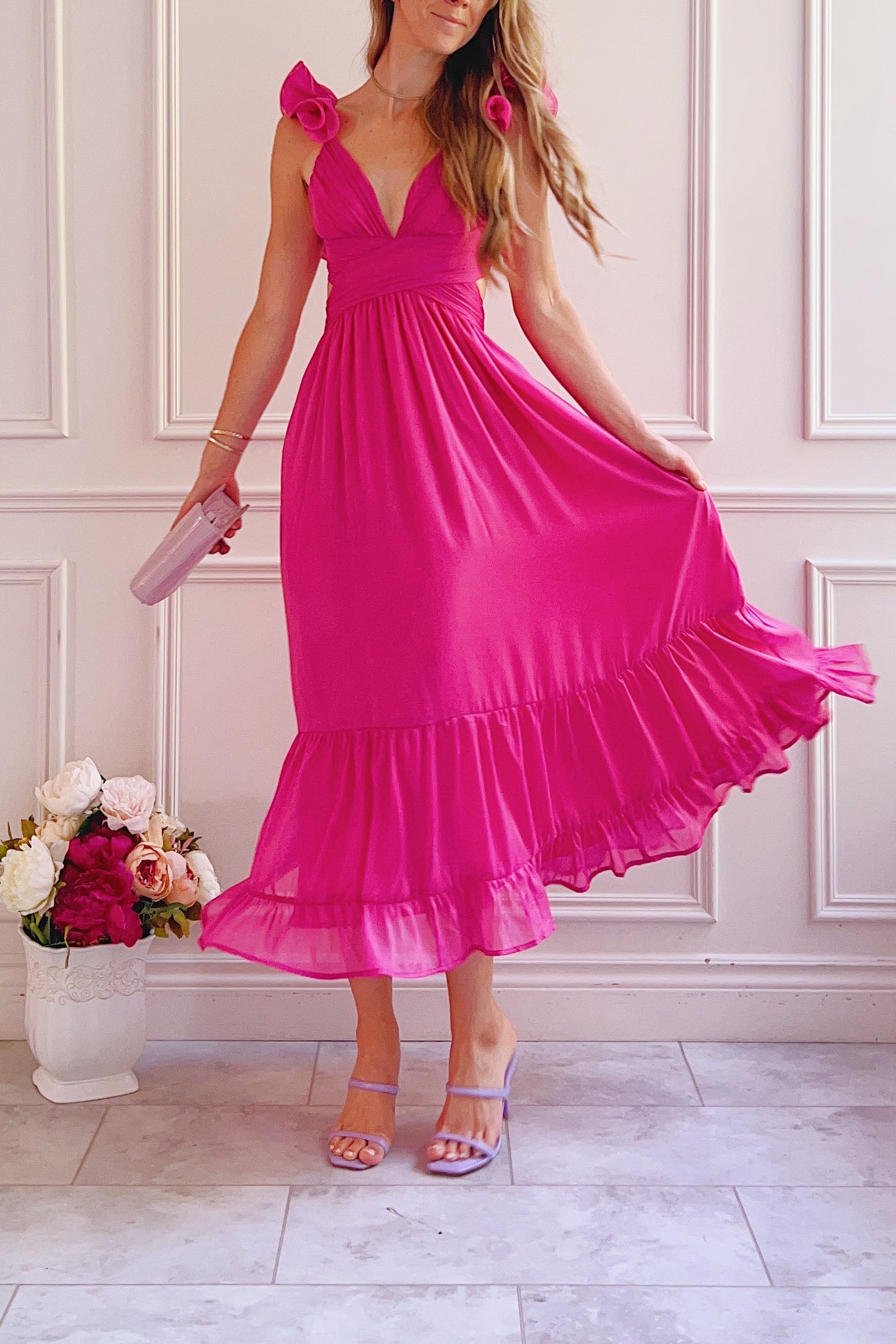 Calantha | Long Fuschia Dress w/ Ruffled Straps | Boutique 1861 model