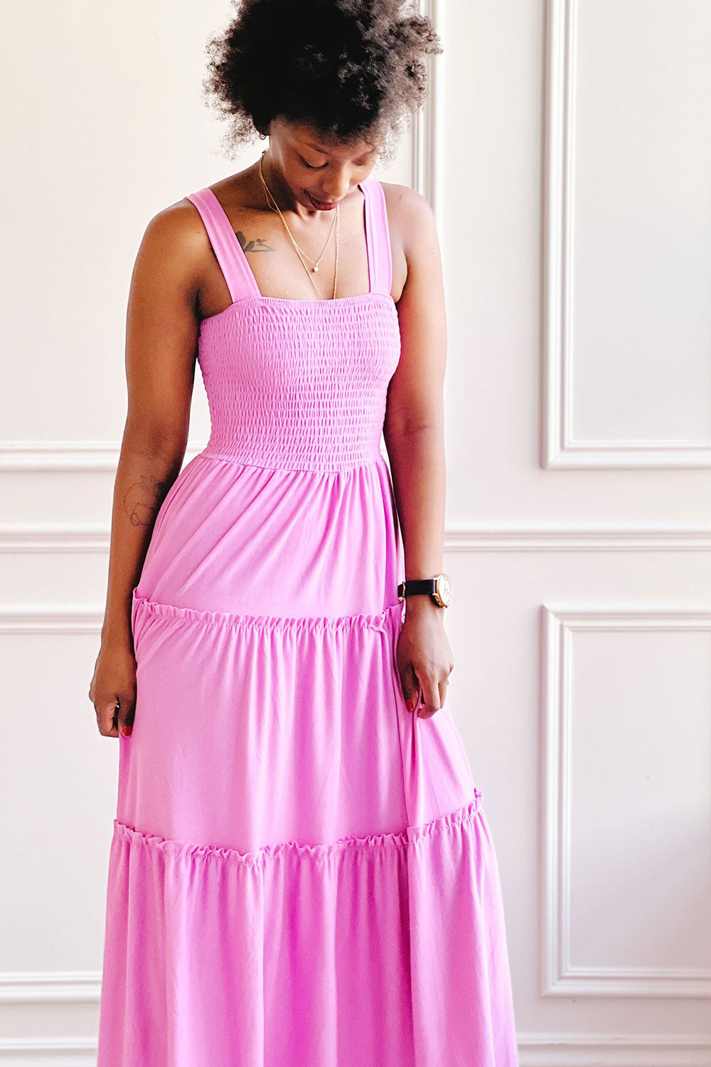 Carly | Pink Tiered Midi Dress w/ Ruched Bust-Boutique 1861 on model