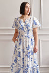 Claudia | White Maxi Dress w/ Blue Floral Pattern- boutique 1861 on model