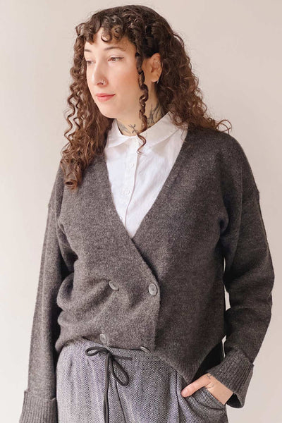 Perceval Grey | Double-Breasted Knit Cardigan- Boutique 1861 on model
