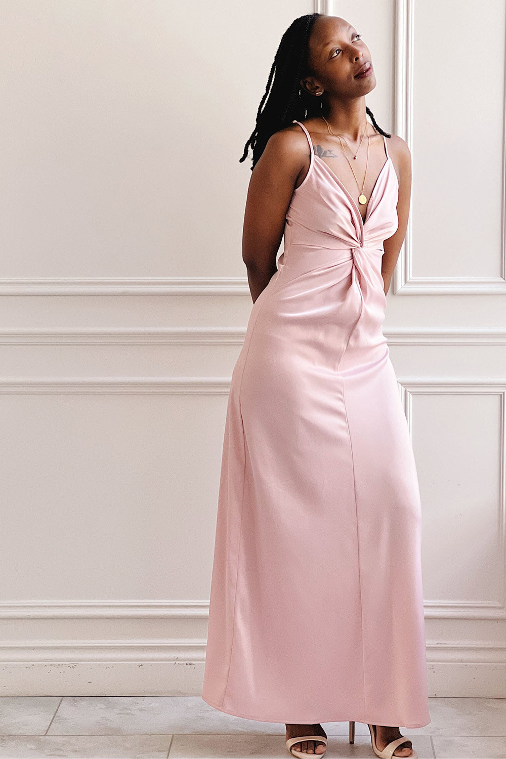 Deborah | Maxi Pink Dress w/ Deep Neckline- boutique 1861 on model