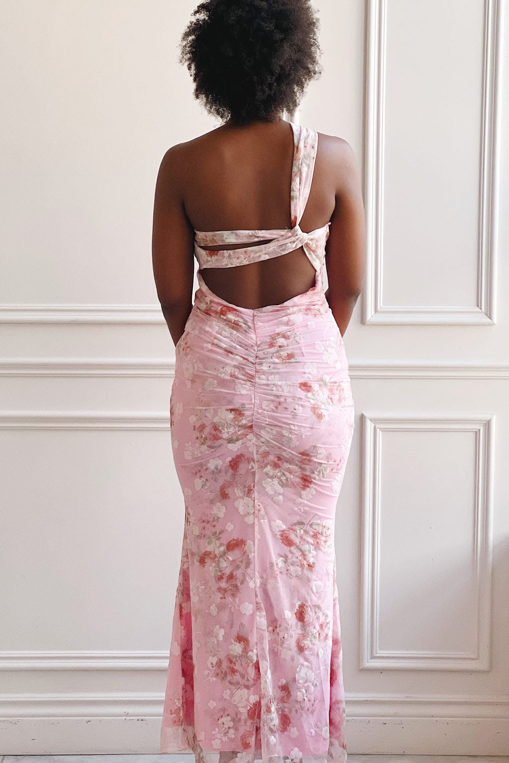 Delores | Pink Midi One Shoulder Floral Dress- Boutique 1861 on model