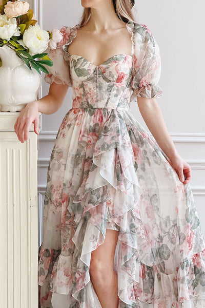 Duchesse | Floral Corset Maxi Dress w/ Ruffles- Boutique 1861 on model