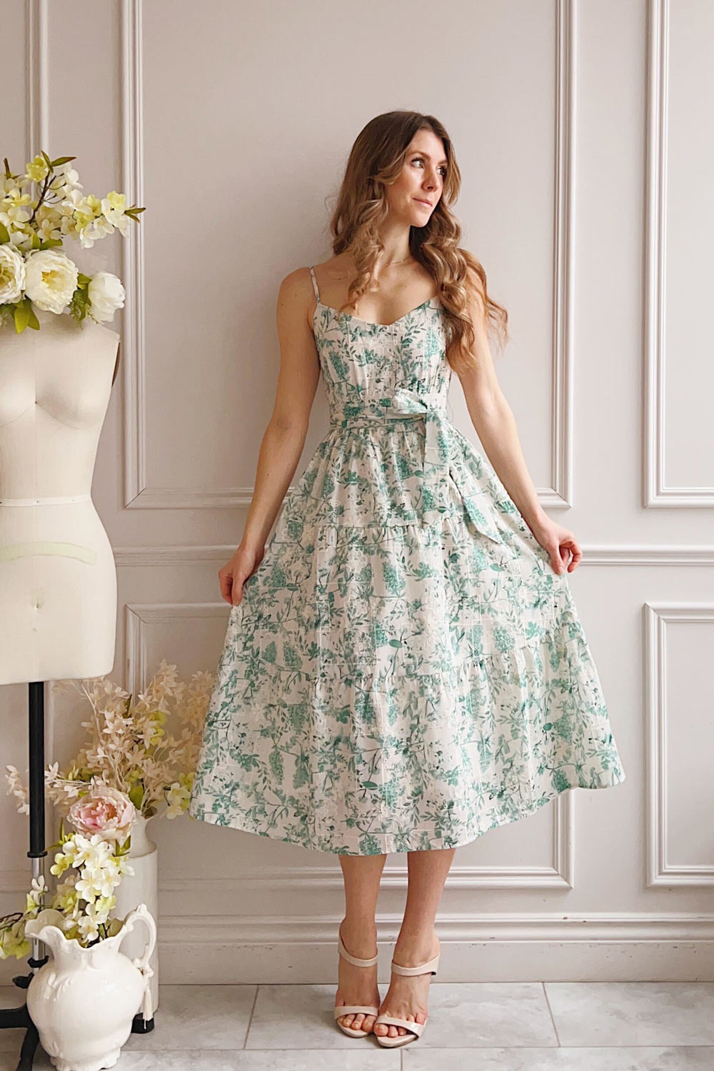 Edeline Robe Midi Fleurie Verte Ajouree