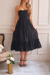 Elspeth | Star Pattern Black Strapless Midi Dress- Boutique 1861 on model full shot