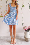 Eviana | Short Blue Floral Dress w/ Ruched Bust
