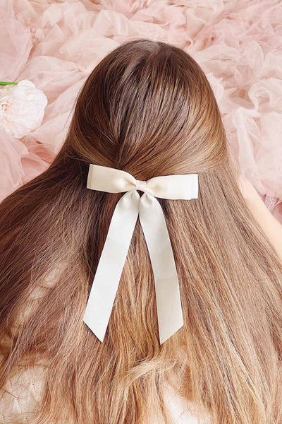 Ezelle Ivory | Satin Bow Hair Clip-Boutique 1861 on model