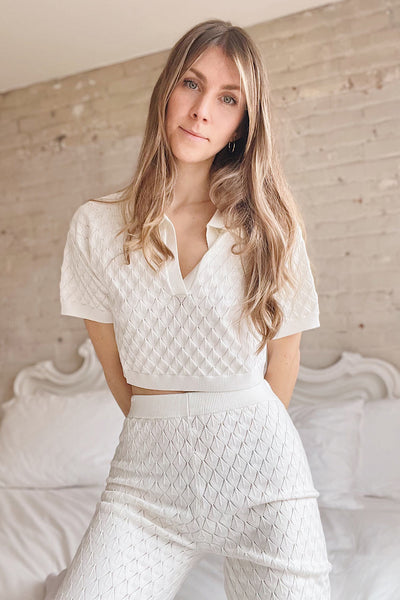 Hansel | Cropped Ivory Polo Top w/ Diamond Pattern- Boutique 1861 on model