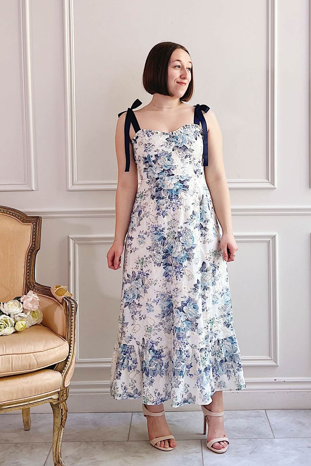 Hoonji | Floral Midi Dress w/ Tie Straps- boutique 1861 on model