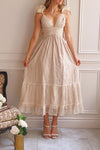 Isandra | Long Embroidered Beige Dress w/ Ruffled Straps- Boutique 1861 on model front