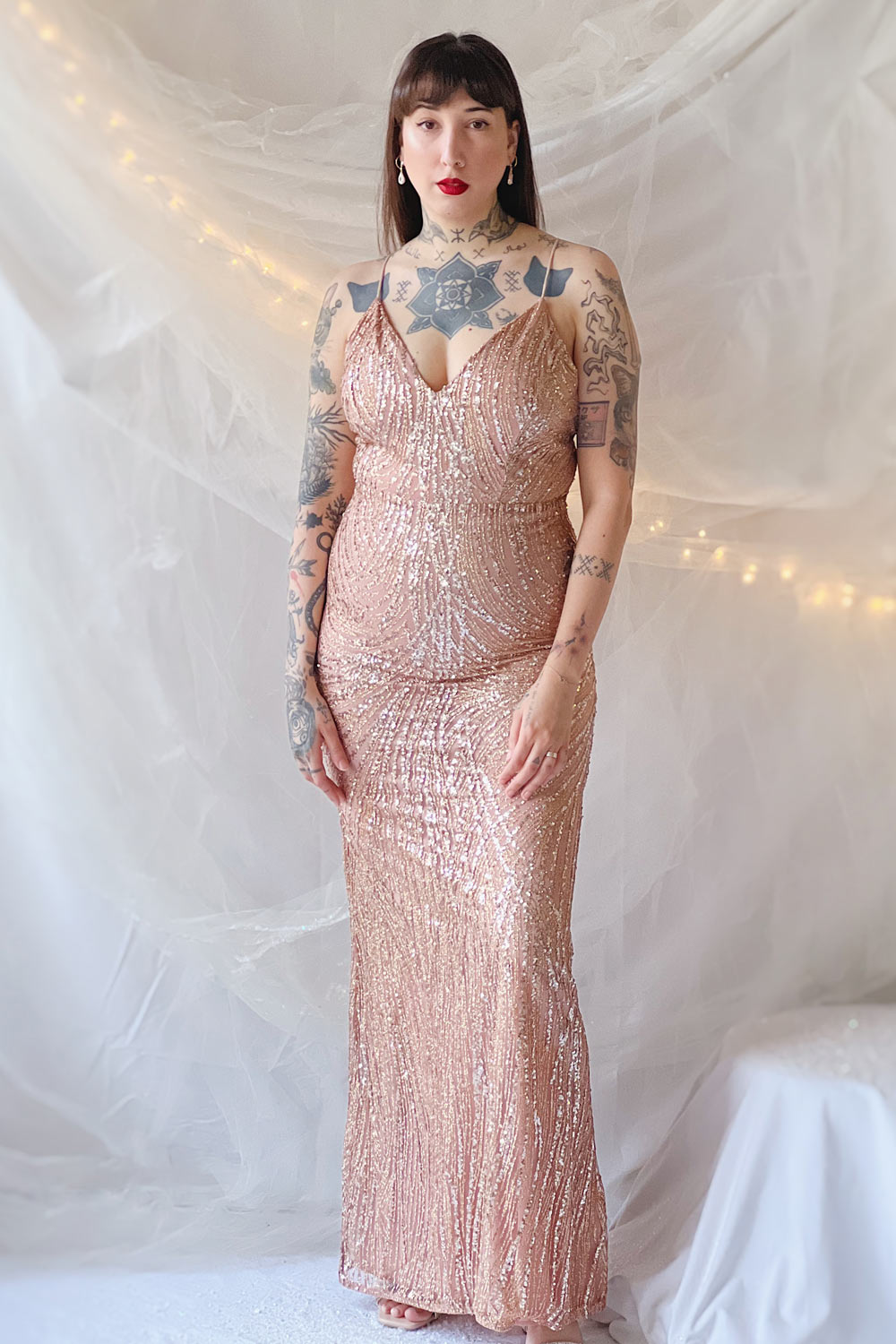 Isolina Rosegold Sparkly Sequin Maxi Dress