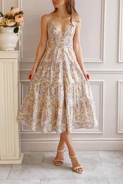 Jariana | Midi Floral Dress w/ Plunging Neckline-Boutique 1861 on model
