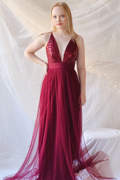 Kaia Burgundy Sequin Gown | Boutique 1861 on model