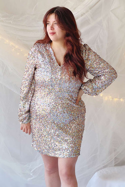Lumiana Short Fitted Multicolor Sequins Dress | Boutique 1861 on model