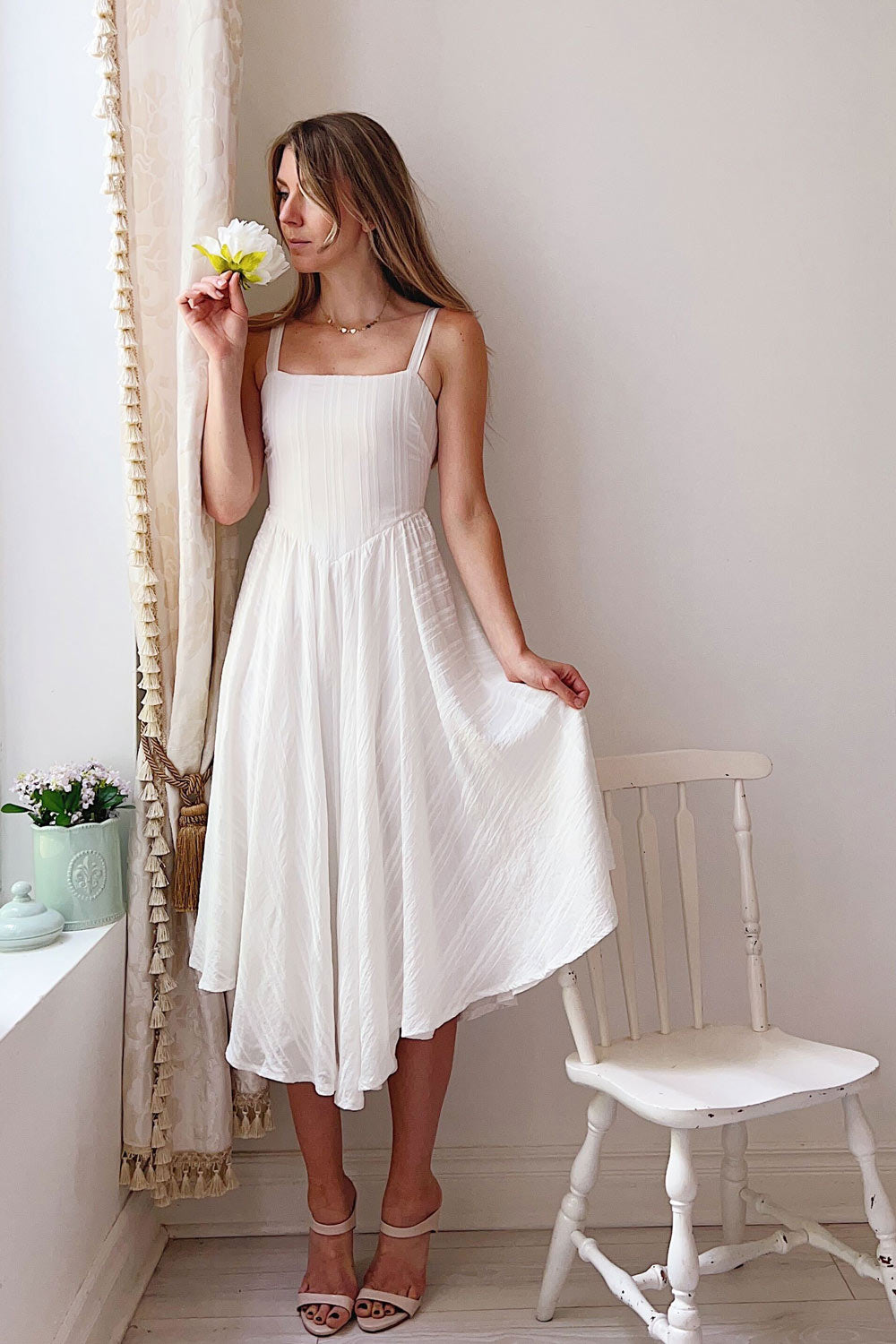 Magdalene | Striped White Dress w/ Asymmetrical Hem- Boutique 1861 on model