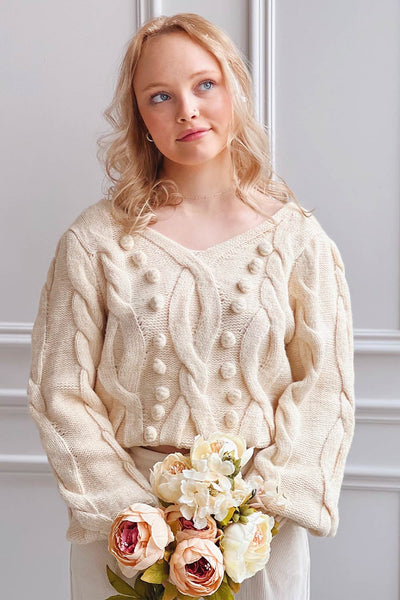 Maloune | Beige Sweater w/ Pompoms- boutique 1861 on model front