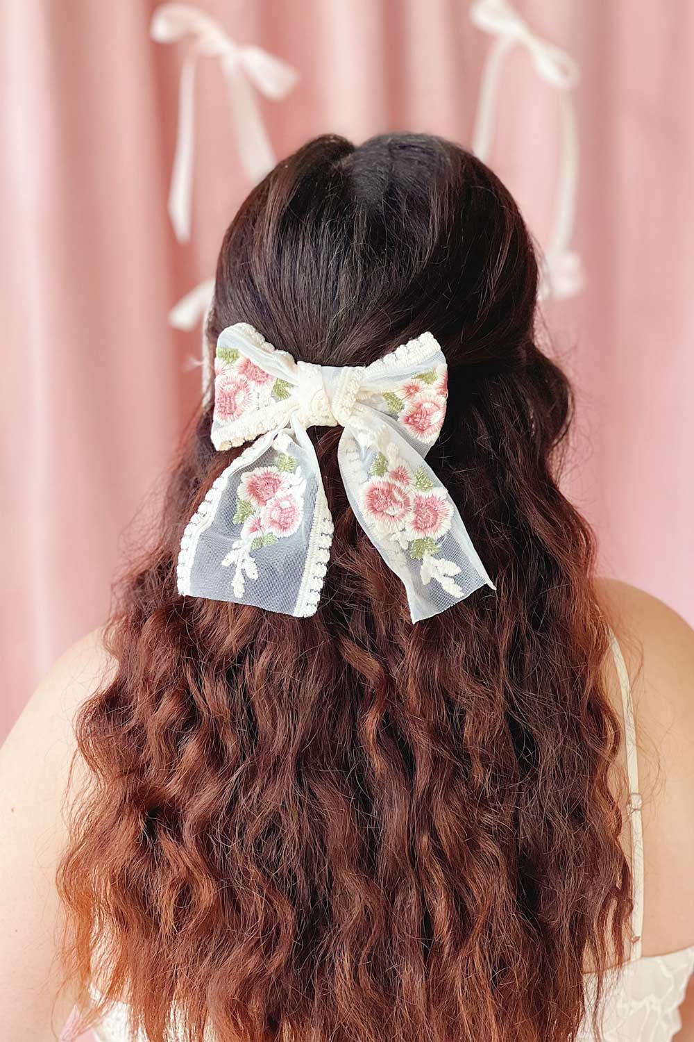 Odelia | Floral Lace Embroidered Bow Hair Clip- Boutique 1861 on model