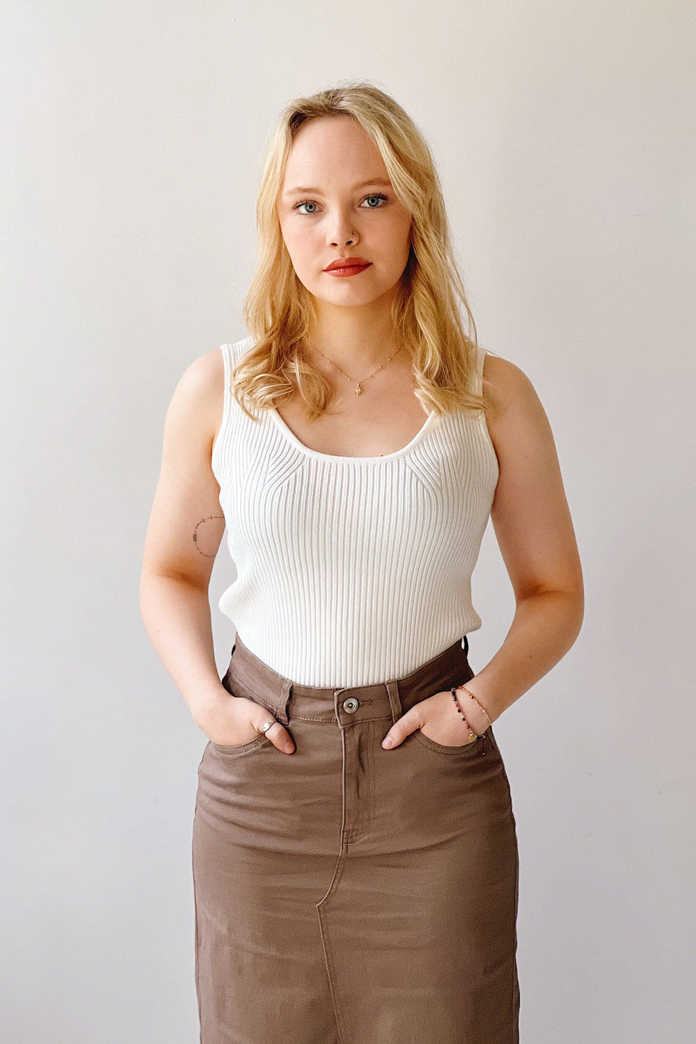 Marillia | Ribbed Ivory Tank Top- Boutique 1861 on model