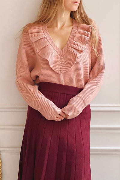 Miaro Pink| V-neck sweater with ruffle neck - boutique 1861 on model