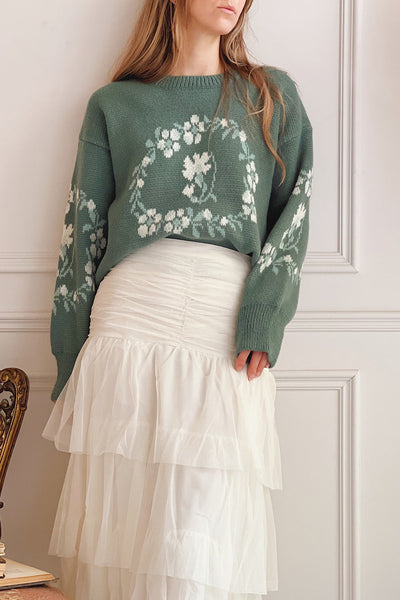 Monrovia | Green Floral Patterned Knit Sweater- Boutique 1861 on model