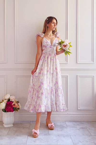 Natacha Long Lilac Floral Dress w/ Ruffled Straps | Boutique 1861 model