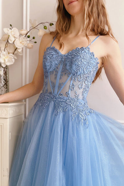 Penelope Blue | Sparkling Tulle Maxi Dress-Boutique 1861 on model close up