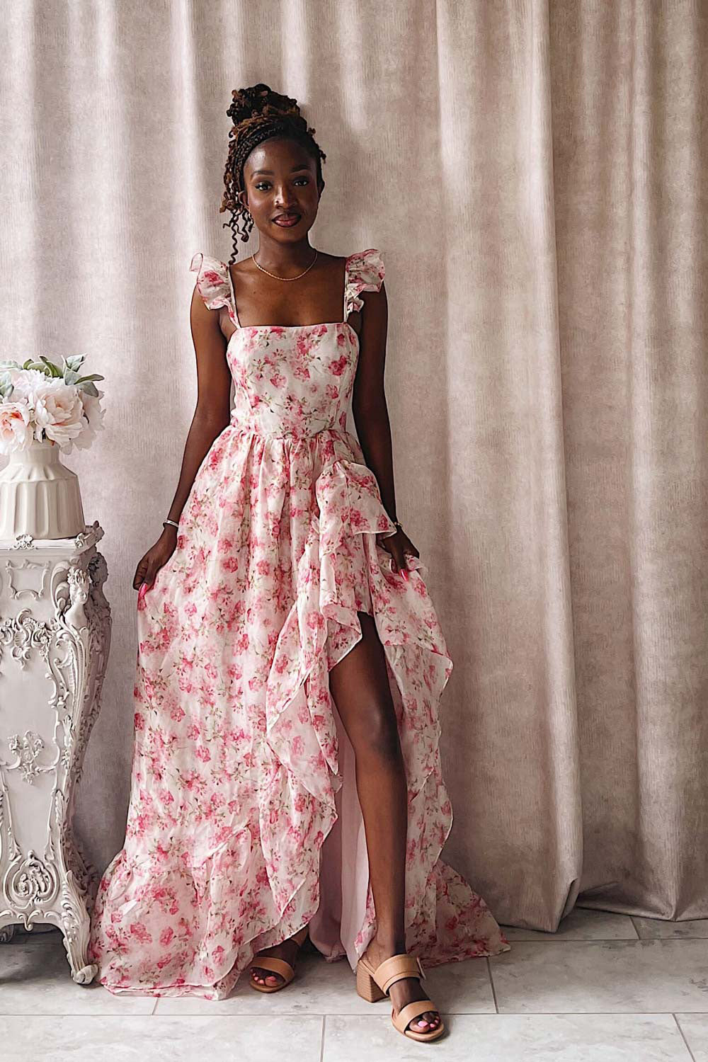Phyllisia Pink Floral Maxi Dress w/ Ruffles | Boutique 1861 on model