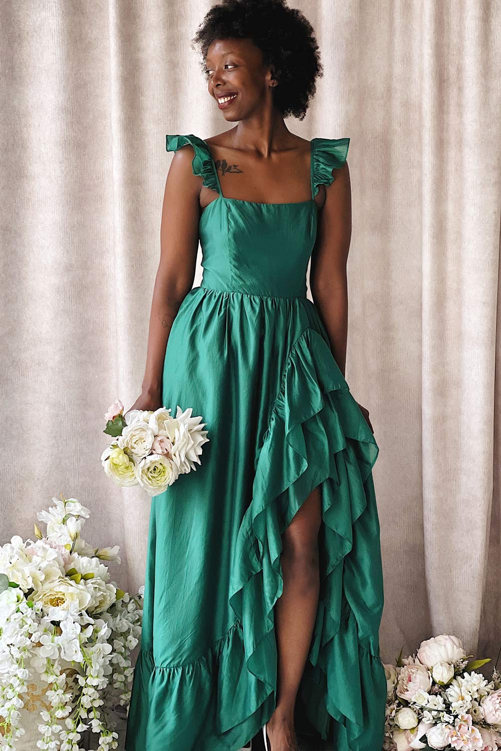 Phyllosia Green | Maxi Dress w/ Ruffles-Boutique 1861 on model