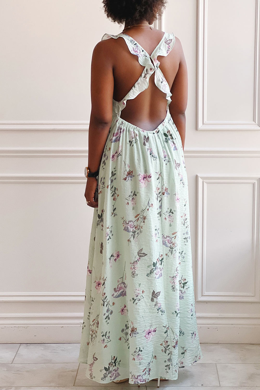 Queenie Green | Floral Maxi Dress w/ Ruffled Straps- Boutique 1861 on model