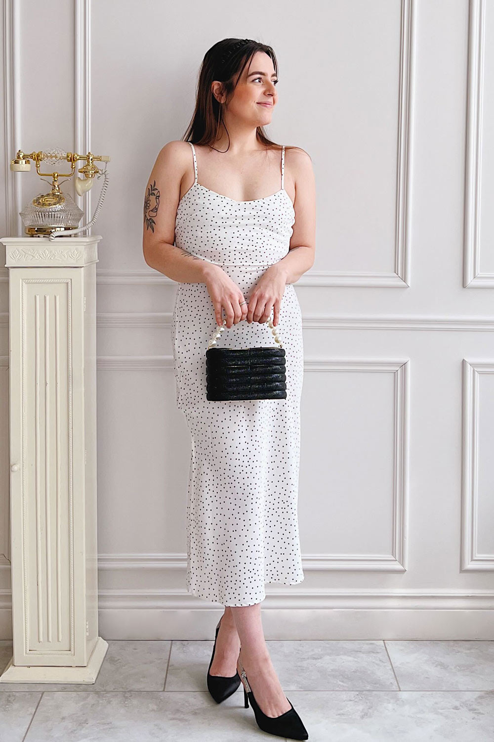 Rebby Polka Dot White | Silky Fitted Midi Dress-Boutique 1861 on model