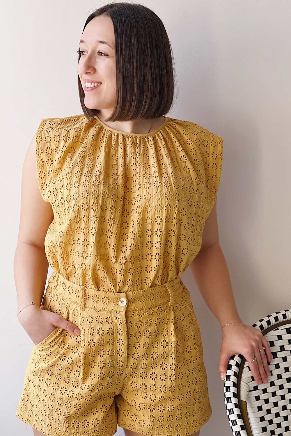 Risborough Yellow | Boxy Top w/ Openwork Embroidery - Boutique 1861 on model
