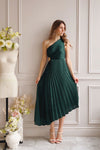 Swifty | Green Asymmetrical Pleated Satin Dress-Boutique 1861 on model