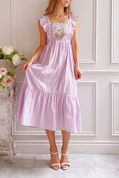 Thora Lilac Midi Dress w/ Floral Embroidery | Boutique 1861