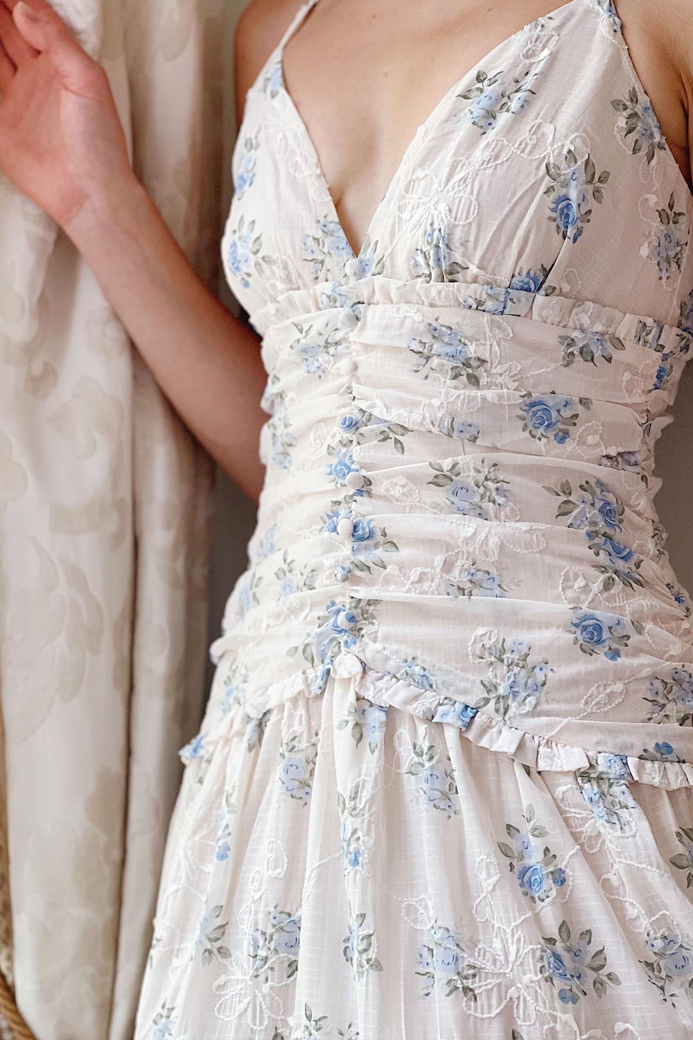 Ursula | Long White Dress w/ Vintage Floral Motif- boutique 1861 on model