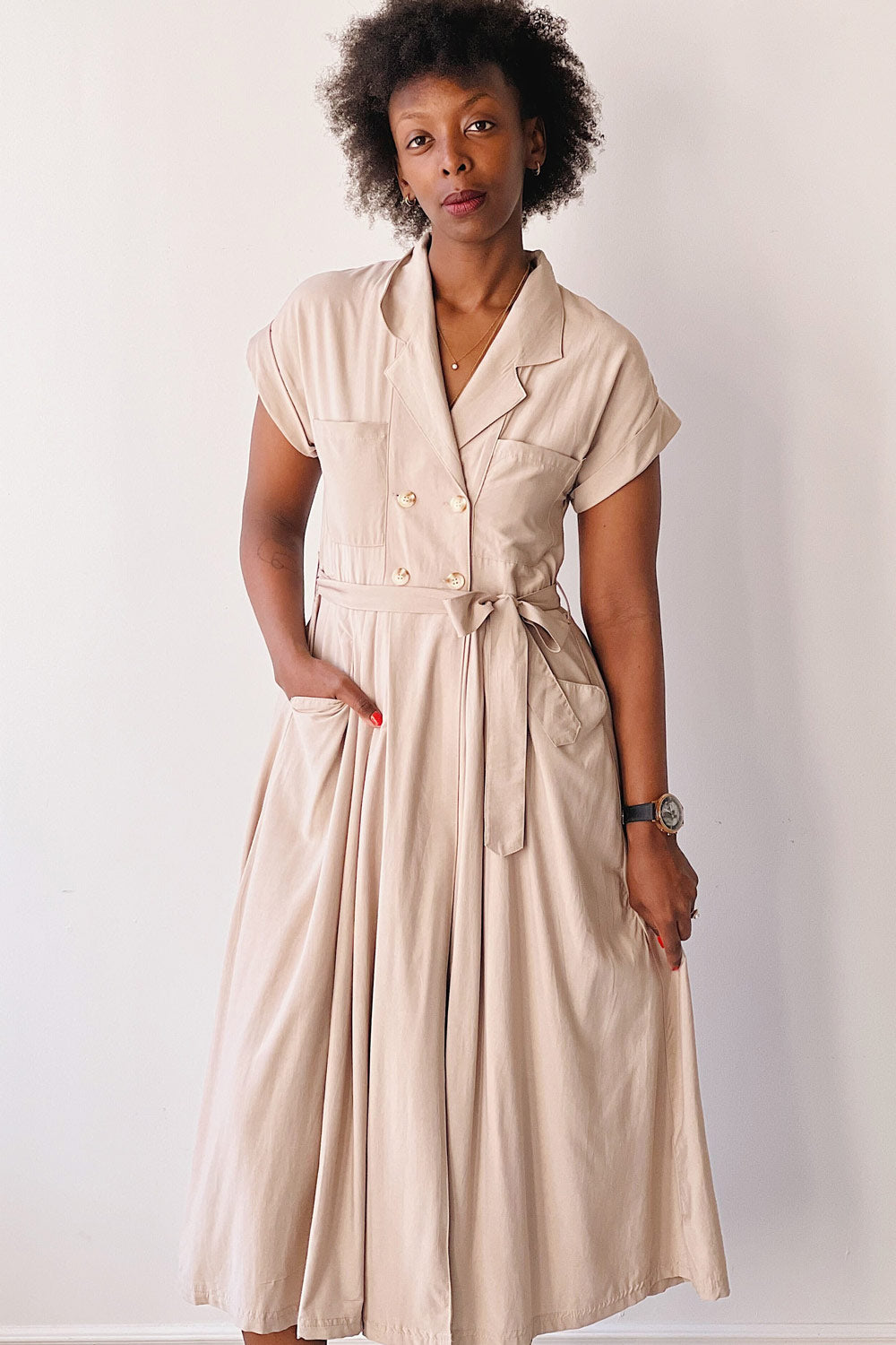 Waverly Beige | Double-Breasted Dress w/ Tie Belt- Boutique 1861 on model