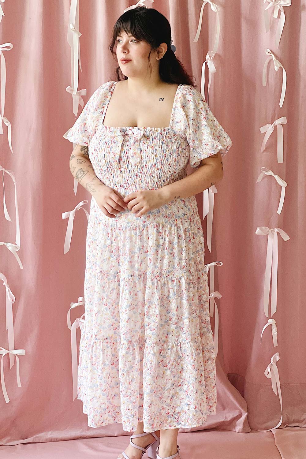 Willena | Midi Floral Dress w/ Ruched Bust- Boutique 1861 on model