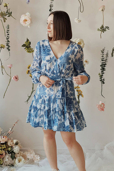 Zefira | Short A-Line Floral Blue Dress-Boutique 1861 on model