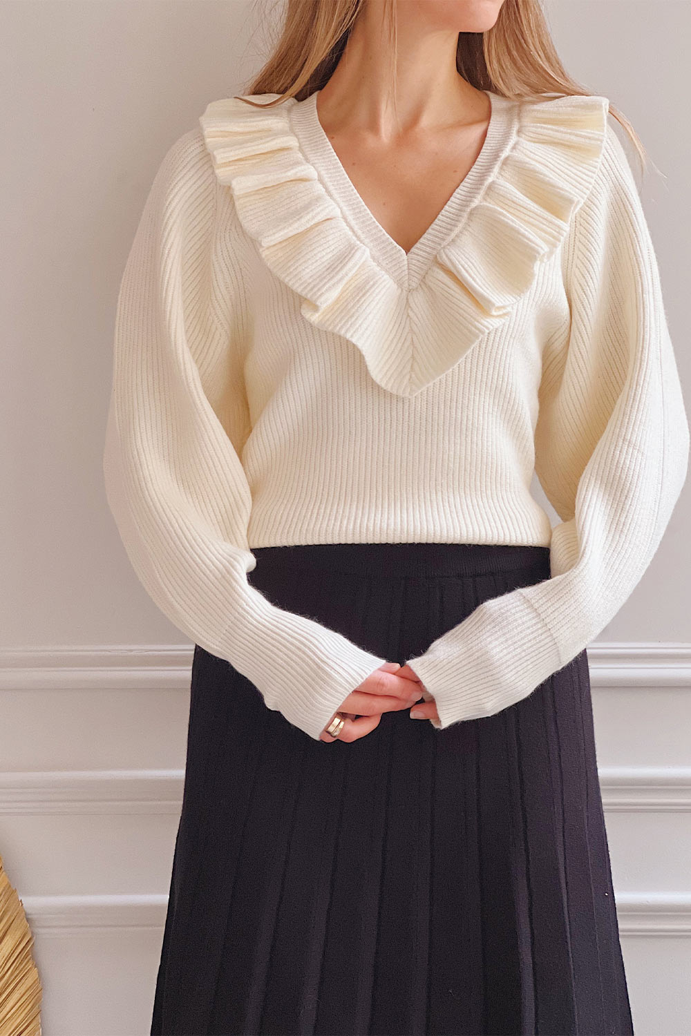 Miaro Ivory| V-neck sweater with ruffle neck - boutique 1861 on model