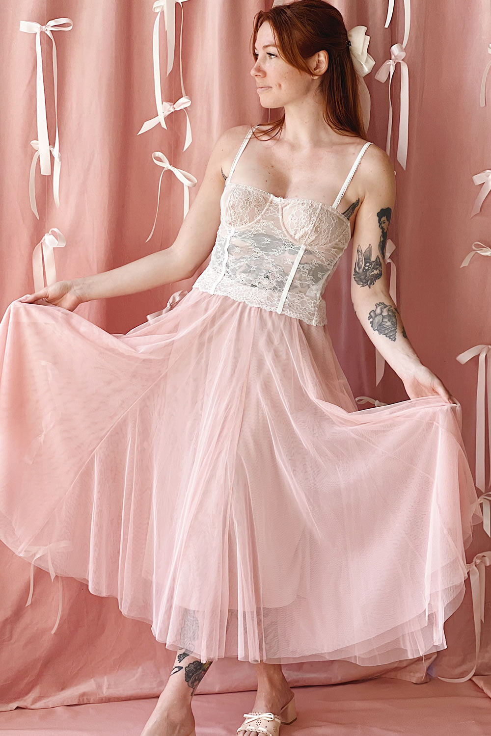 Manitou Pink | A-line Midi Tulle Skirt- Boutique 1861 on model