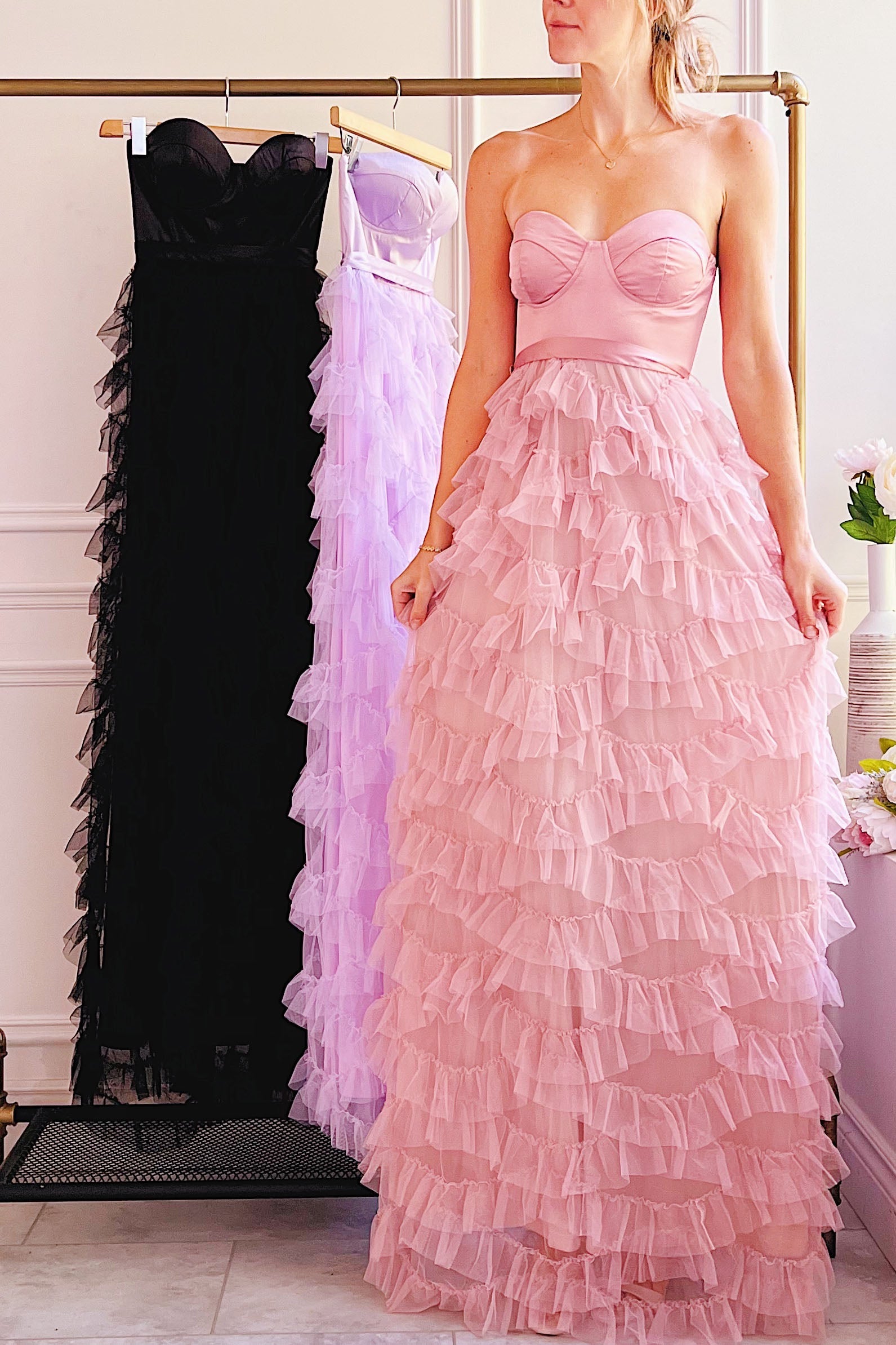 Jurin Blush | Bustier Maxi Dress w/ Ruffled Tulle